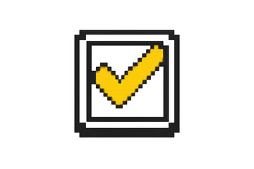 Pixel art yellow check mark inside a checkbox icon, symbolizing task completion, validation, and success