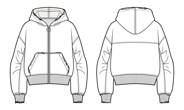 Distressed Athletic Zip-Up Hoodie Technical Fashion Illustration. Unisex Hooded Sweatshirt with Ruched Sleeves, Vintage Worn Effect.Front and Back Views. Men&rsquo;s outerwear. CAD Mockup Set.