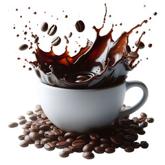 Coffee Splash in White Cup with Roasted Coffee Beans on Transparent Background