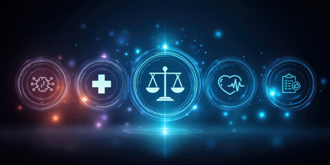 Healthcare AI Integration Concept. A futuristic display of health, legal, and scientific symbols, illuminated with vibrant blue and orange lights, representing interconnected fields of knowledge.