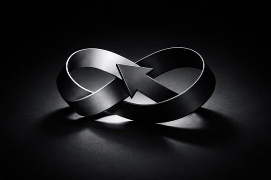 Metallic infinity mobius strip arrow loop on dark black background, endless cycle paradox and continuity concept.   