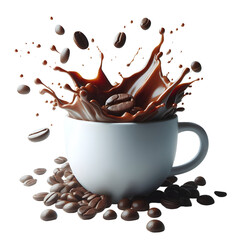 Coffee Splash in White Cup with Roasted Coffee Beans on Transparent Background
