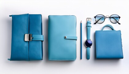elegant business accessories in soft blue colors isolated on white background