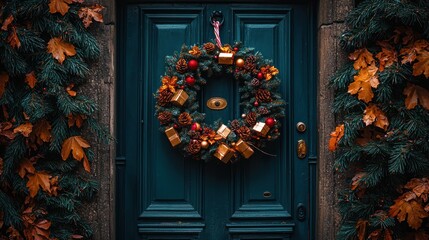 Christmas wreath on teal door, autumnal foliage, festive decor