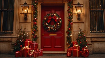 Christmas Decorated Doorway in Parisian Building