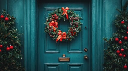 Christmas wreath on teal door, festive decorations. Possible use Holiday card, social media post, print advertisement