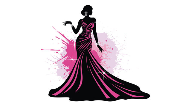 Elegant silhouette of a glamorous woman wearing a long, flowing evening gown against a pink watercolor paint splash.