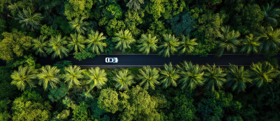 Road Through Green Canopy: An aerial view showcases a sleek car traveling along a road, framed by rows of lush, vibrant green palm trees, with the forest enveloping the scene.