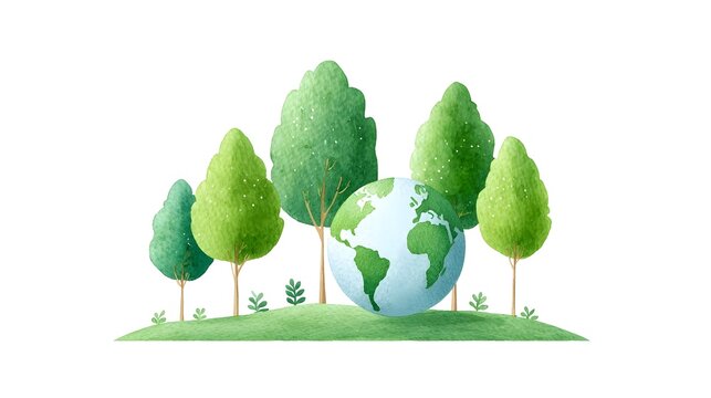 Watercolor illust n of Earth surrounded by green trees and rolling hills symbolizing nature growth and environmental protection