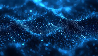 Abstract background of glowing blue particles forming flowing waves of energy representing digital data stream