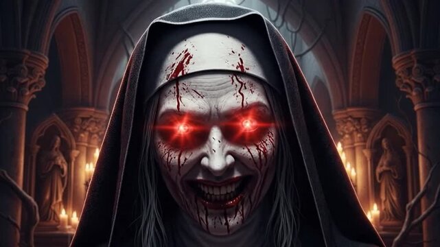 Possessed evil nun portrait with disturbing eyes in dark temple