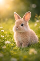 An adorable baby bunny sitting on green grass in warm natural sunlight. The image represents cuteness, innocence, springtime, nature, childhood, and gentle wildlife, perfect for kids content.