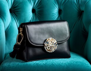 elegant black leather handbag with jeweled brooch on tufted teal velvet chair