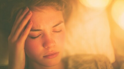 Young woman holds her head, expressing discomfort in a dim setting