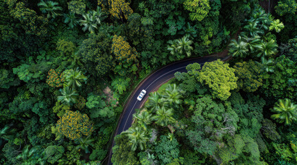 Winding Road through Lush Forest: An aerial view showcases a car navigating a winding road enveloped by a vibrant, dense forest, creating a stunning visual of nature and travel.