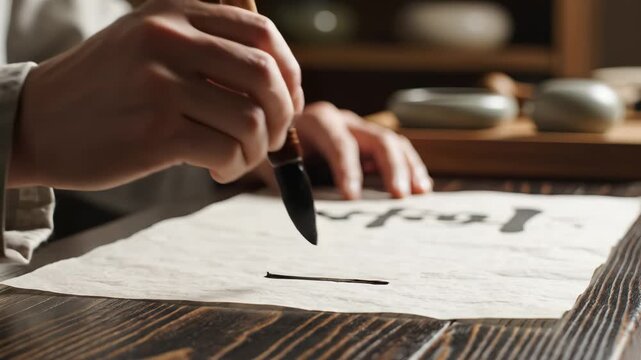 Person writing calligraphy with brush