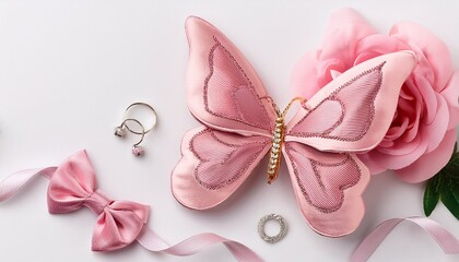 pink butterfly bow flower and fashion accessories on white background