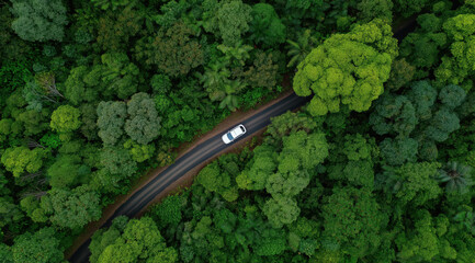 Road Through Lush Forest: An aerial view captures a lone car navigating a winding road enveloped by a verdant canopy, symbolizing exploration and journey within a thriving ecosystem.