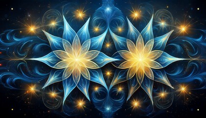 abstract digital artwork featuring two glowing eight pointed star shapes surrounded by swirling blue smoke and scattered yellow dots against a dark background