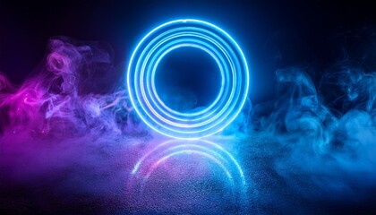 a vibrant blue neon circle glows amidst dense blue and purple smoke reflecting on a wet surface