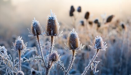 frost covered dried thistle plants in a field