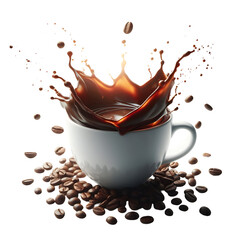 Coffee Splash in White Cup with Roasted Coffee Beans on Transparent Background