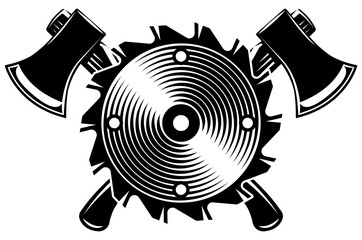 A bold monochrome emblem featuring a crossed pair of axes and a central saw blade, ideal for timber and lumberjack themes