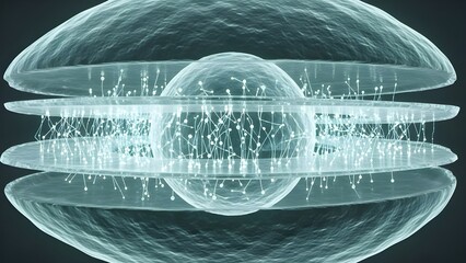This image presents an abstract and futuristic visualization of a complex system. It features a central translucent sphere surrounded by multiple flat, elliptical layers, all rendered in cool blue.