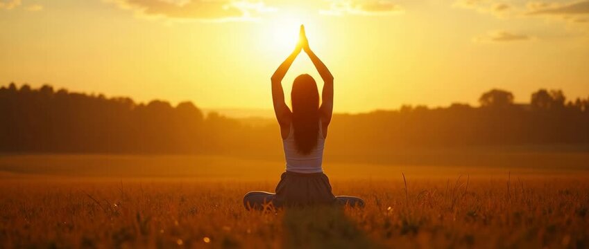 Solo practitioner performing solstice yoga sequence at golden hour on grassy field for spiritual balance and seasonal celebration imagery in  Photo Stock  Concept  and empty space on the left side