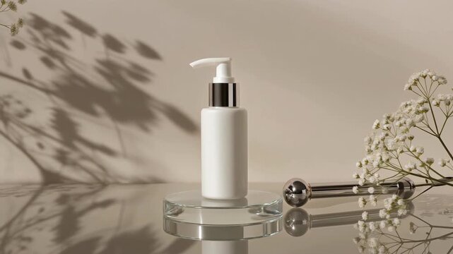 White pump bottle and facial roller on a glass stand with floral shadows and baby's breath flowers, showcasing a minimalist beauty routine.