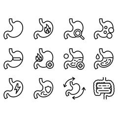 Stomach anatomy and digestive health icons for medical use