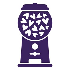 Purple gumball machine filled with white heart shapes, romantic Valentine's Day candy illustration
