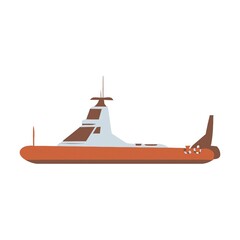 Illustration of a modern orange and blue coast guard patrol boat or rescue ship on water