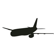 Black silhouette of a large commercial passenger airplane flying against a white background