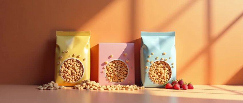 Colorful cereal bags on a sunlit table with gentle morning light flickering, as the camera slowly pans across the minimalist scene, highlighting breakfast product packaging in a vibrant, cinematic sty