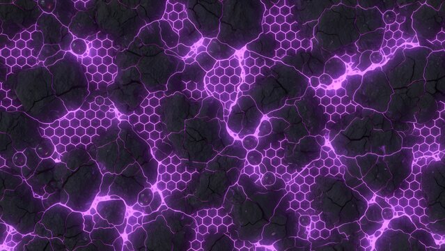 Seamless abstract dark textured background with glowing purple hexagonal and organic crack patterns - Powered by Adobe