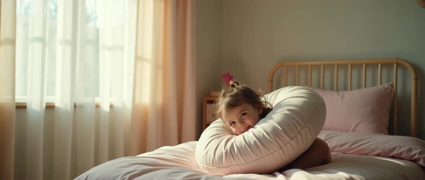 Infant hugging oversized pillow in pastel nursery with muted moonlight filtering through sheer curtains capturing tender child hugging pillow moment in  Photo Stock  Concept  and empty space on the le