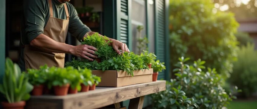 Gardener tending to vibrant herb plants on a rustic wooden table, with gentle breeze swaying leaves, camera slowly panning for a serene, cinematic view of lush greenery and sunlight.
