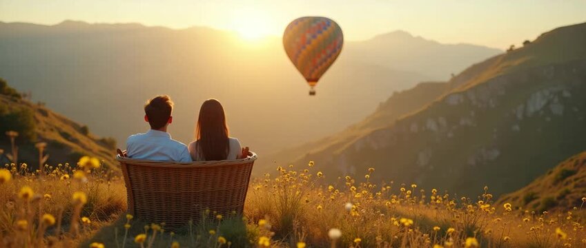 Couple clasping hands in wicker basket as patterned hot air balloon floats serenely over mountain valley blanketed with wildflowers in  Photo Stock  Concept  and empty space on the left side