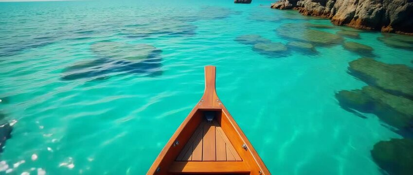 Close up of wooden boat prow cutting through shallow turquoise lagoon waters with vibrant coral reefs visible beneath transparent surface in  Photo Stock  Concept  and empty space on the left side