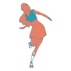 Stylized silhouette of a woman roller skating in a skirt, colorful flat design of retro active lifestyle