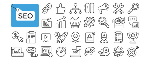 SEO optimization icons for digital marketing and website analysis tools