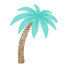 Tropical palm tree illustration with teal fronds and textured trunk, summer vacation and exotic travel theme