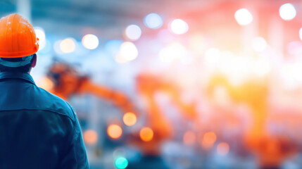 Worker observes robotic arms in manufacturing facility during daytime
