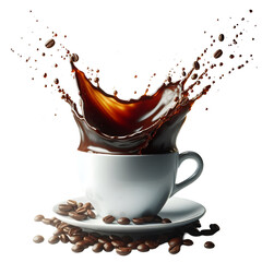 Coffee Splash in White Cup with Roasted Coffee Beans on Transparent Background