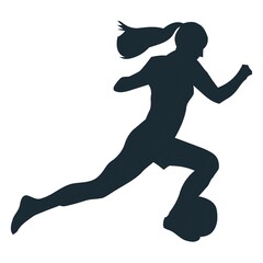 Silhouette of a female soccer player running with a ball, dark teal vector illustration of woman athlete