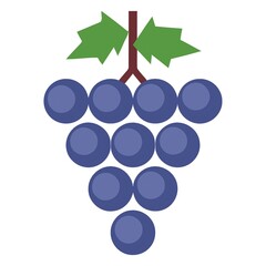 Simple flat illustration of a bunch of purple grapes with green leaves, fresh fruit icon on white background