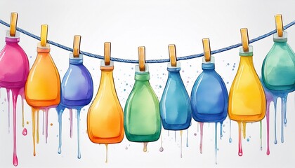 colorful watercolor cleaning supplies hanging on a clothesline with white background