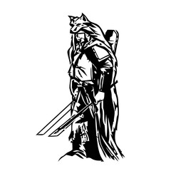 Detailed black and white silhouette of a warrior wearing a wolf pelt hood and carrying a sword