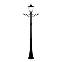 Elegant black silhouette of a vintage Victorian style street lamp post isolated on white